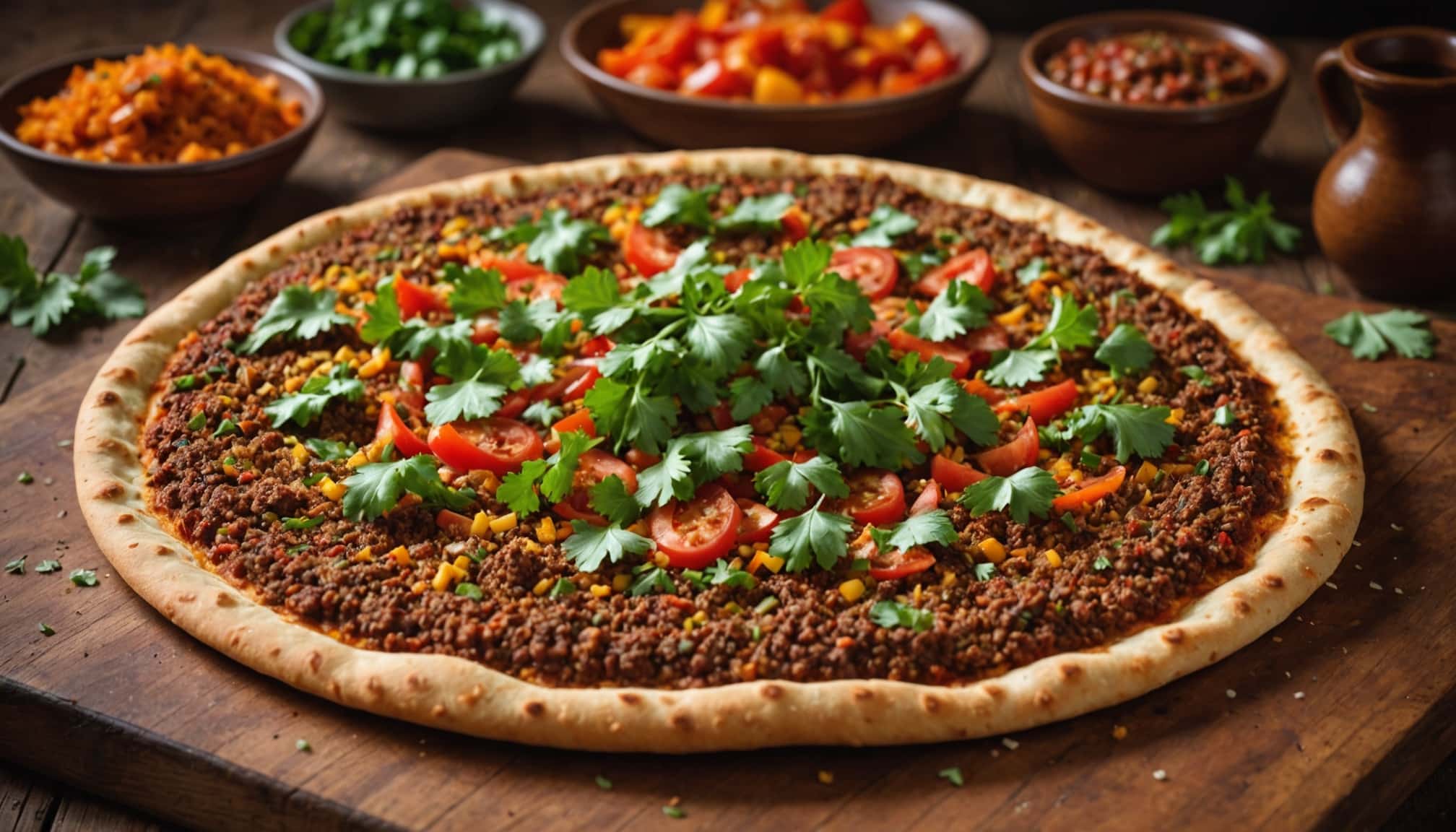 Pizza turque garnie de viande hachée épicée