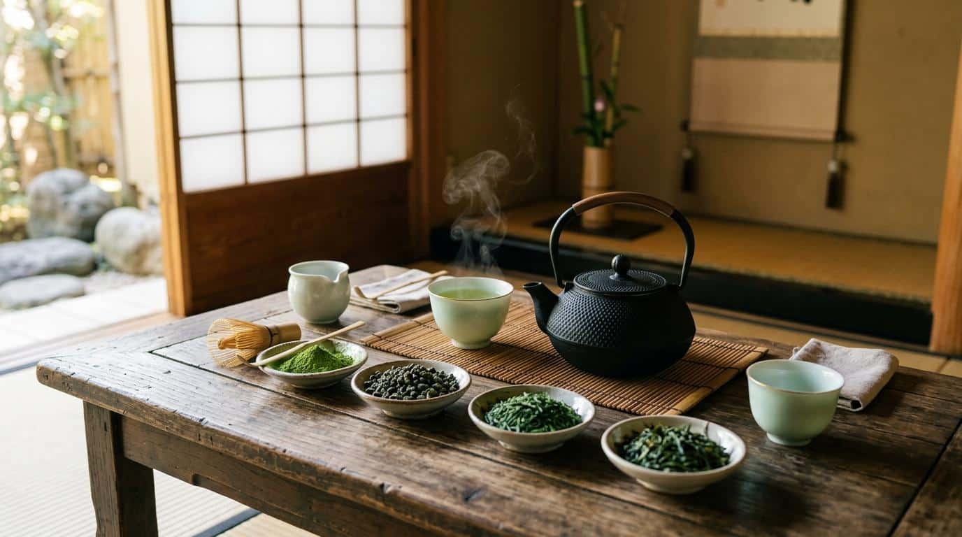 Théière noire, bols de thé vert, poudre matcha, intérieur japonais